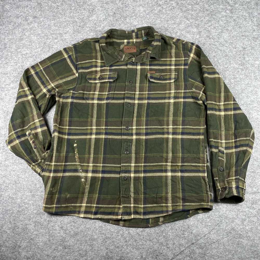 Orvis Flannel Shirt Mens XL Green Plaid Long Sleeve Button Down Cotton Pocket
